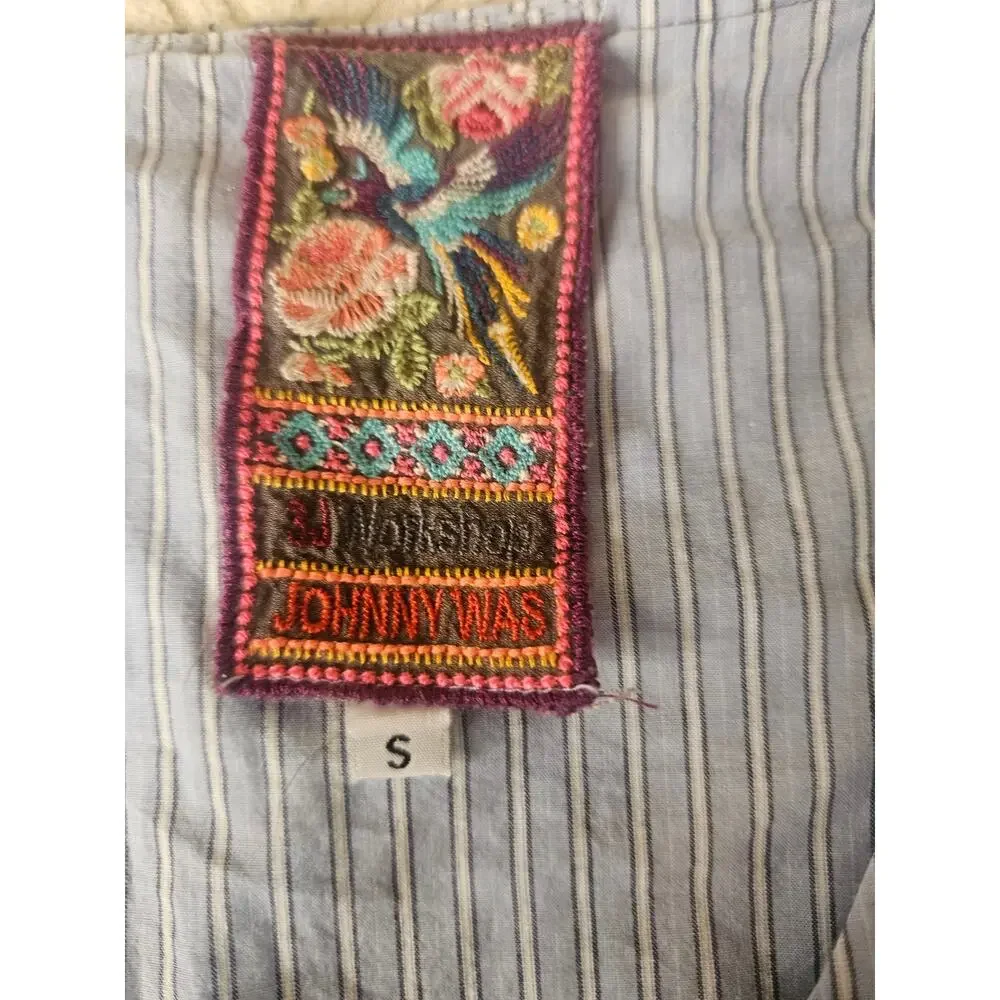 Johnny Was Blue Embroidered Floral Striped Open Top Sz S Tie Front 3/4 Sleeves - Picture 7 of 8